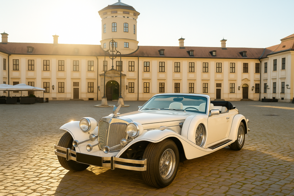 Weißes Oldtimer-Cabrio vor historischem Schloss bei Sonnenuntergang