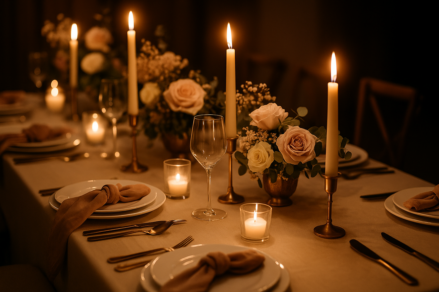Eleganter Hochzeitstisch mit Kerzenlicht, floraler Tischdekoration und feiner Haptik im Stil des multisensorischen Storytellings