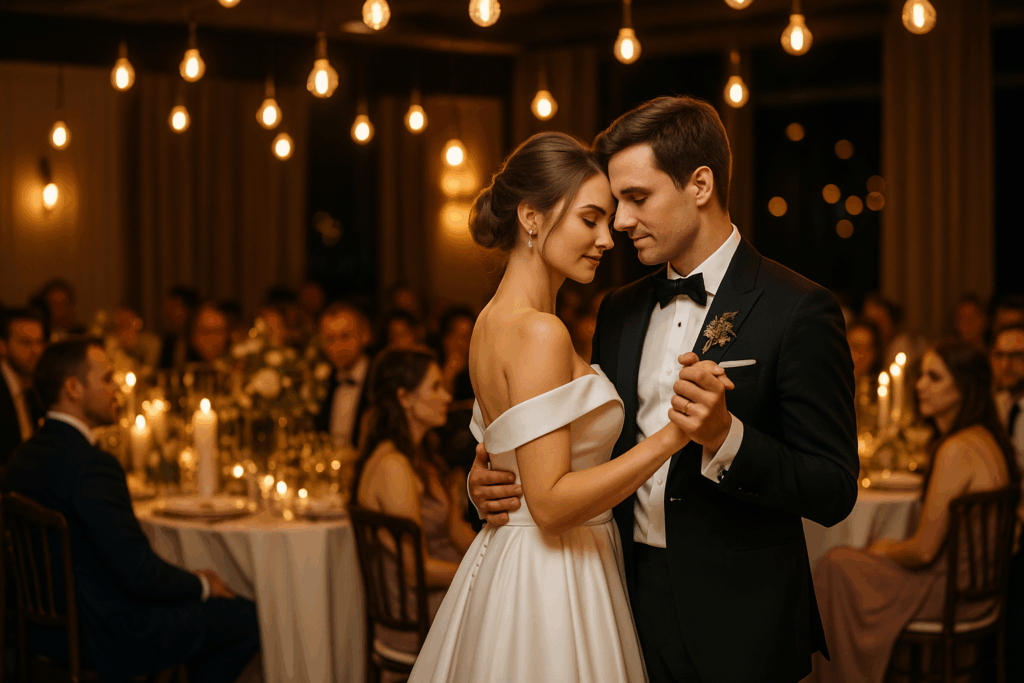 Brautpaar beim Hochzeitstanz in elegantem Ambiente mit Kerzenschein und Gästen im Hintergrund